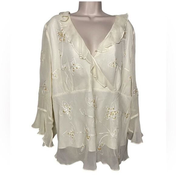 SILKLAND Beautiful 100% Silk Elegant Blouse Embroidery & Sequences Beige Ivory - Picture 1 of 4